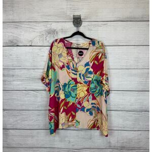 Haptics Plus Size Colorful Floral V-Neck Short Sleeve Summer Blouse Size 3X